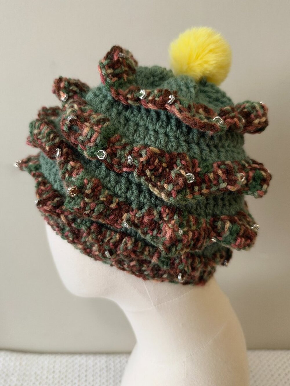 Handmade Crochet Festive Christmas Tree Embellished Green Brown Pompom Beanie